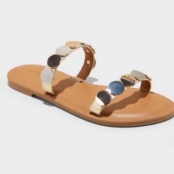 Mixed metallic silver & gold embellished double strap sandal slides - Picture 1 of 6